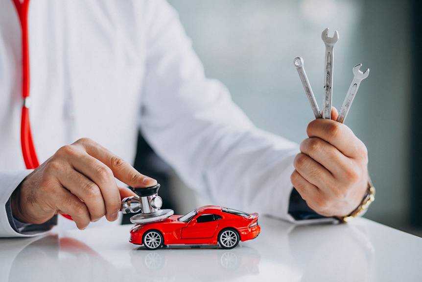 car technician with stethoscope car showroom